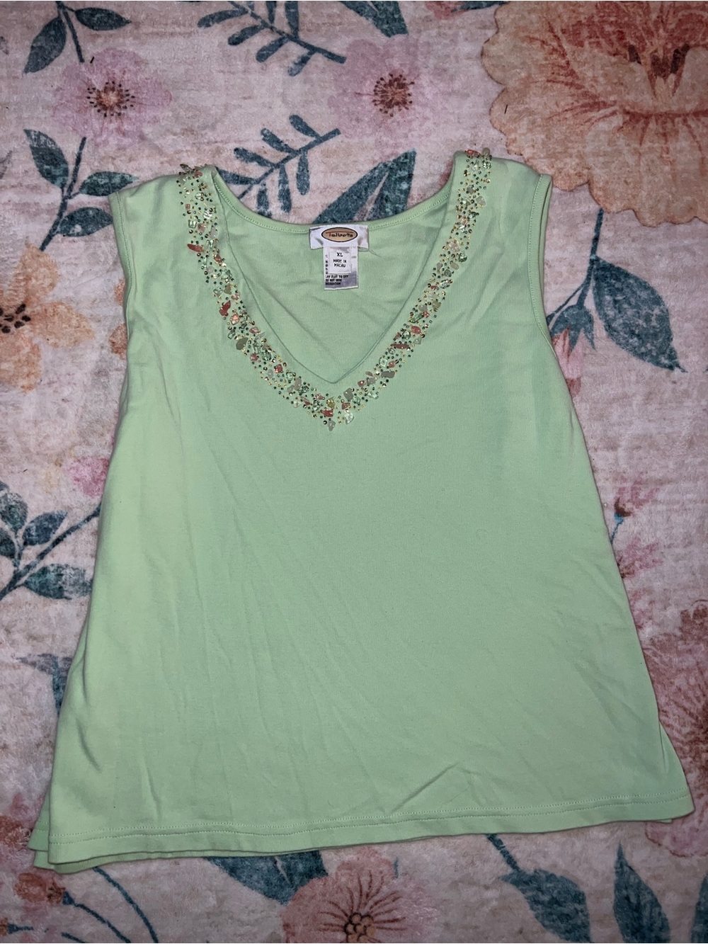 Talbots Light Green V-Neck Embellished Women's Tank